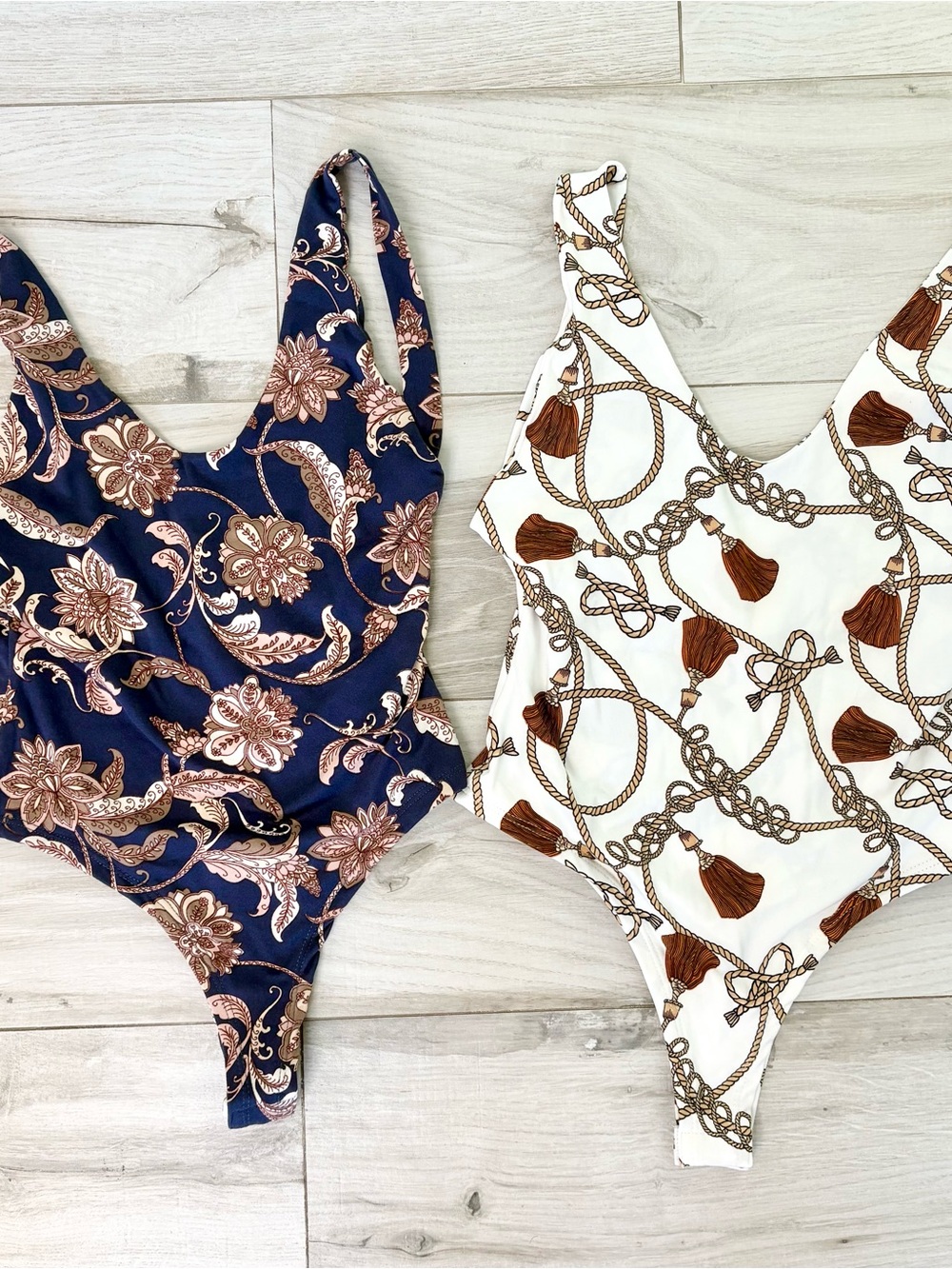 Women's Floral & Rope Print Bodysuit - Navy and White - set of 2